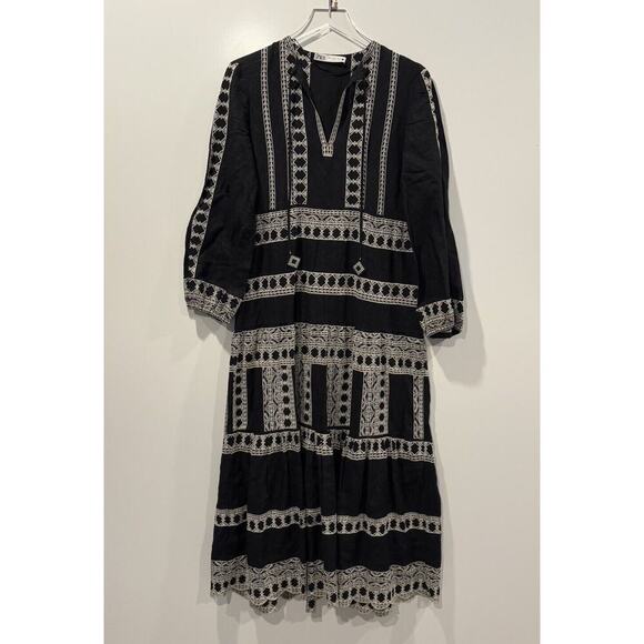 Zara Dresses & Skirts - ZARA‎ Embroidered Linen Blend Dress Black Midi Boho Womens Size Small (1808)